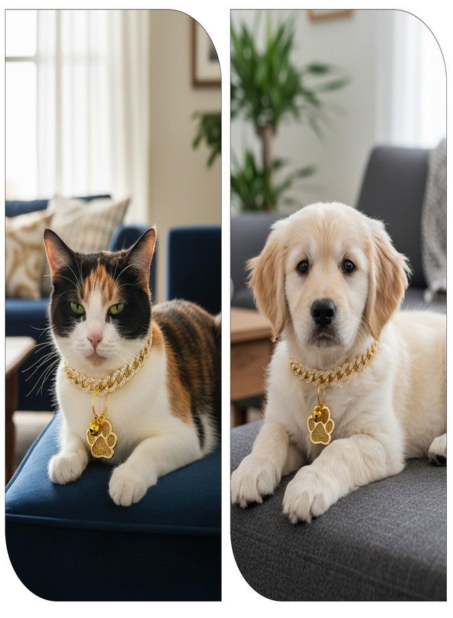 Eldraqth Cat Collar Diamond Cat Chain Collar Metal Pet Necklace with Paw Charm and ID Tag Bell Bling Pet Collars Cuban Link Jewelry Accessories for Small Medium Dogs Cats Puppy Kittens (Gold, 10 Inch) - Image 5